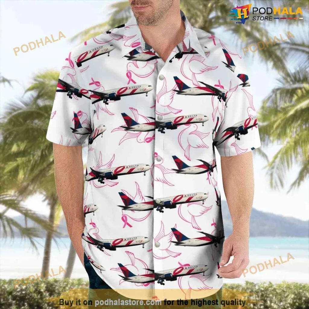 Breast Cancer Awareness Hawaiian Shirt Featuring Boeing 767 And Pink Ribbons
