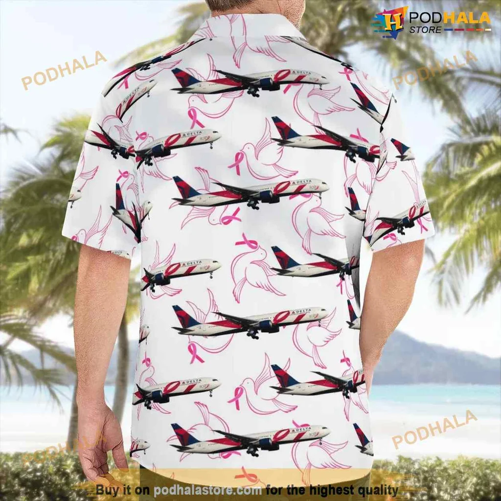 Breast Cancer Awareness Aloha Shirt Featuring Boeing 767 And Pink Ribbons Breast Cancer Awareness Aloha Shirt Featuring Boeing 767 And Pink Ribbons