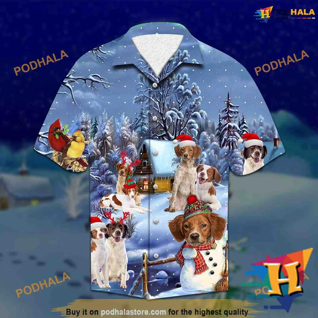 Brittany Spaniel Christmas Hawaiian Shirt With Santa Hats And Snowy Cabin
