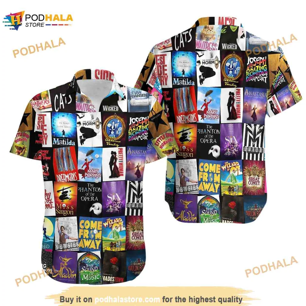 Broadway Musical Theater Aloha Shirt Featuring Iconic Show Logos