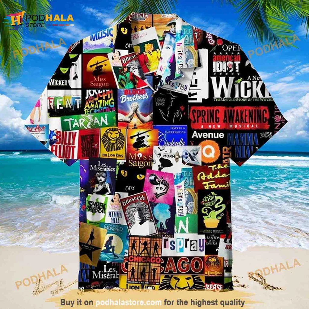 Broadway Musical Theater Hawaiian Shirt Featuring Iconic Show Logos
