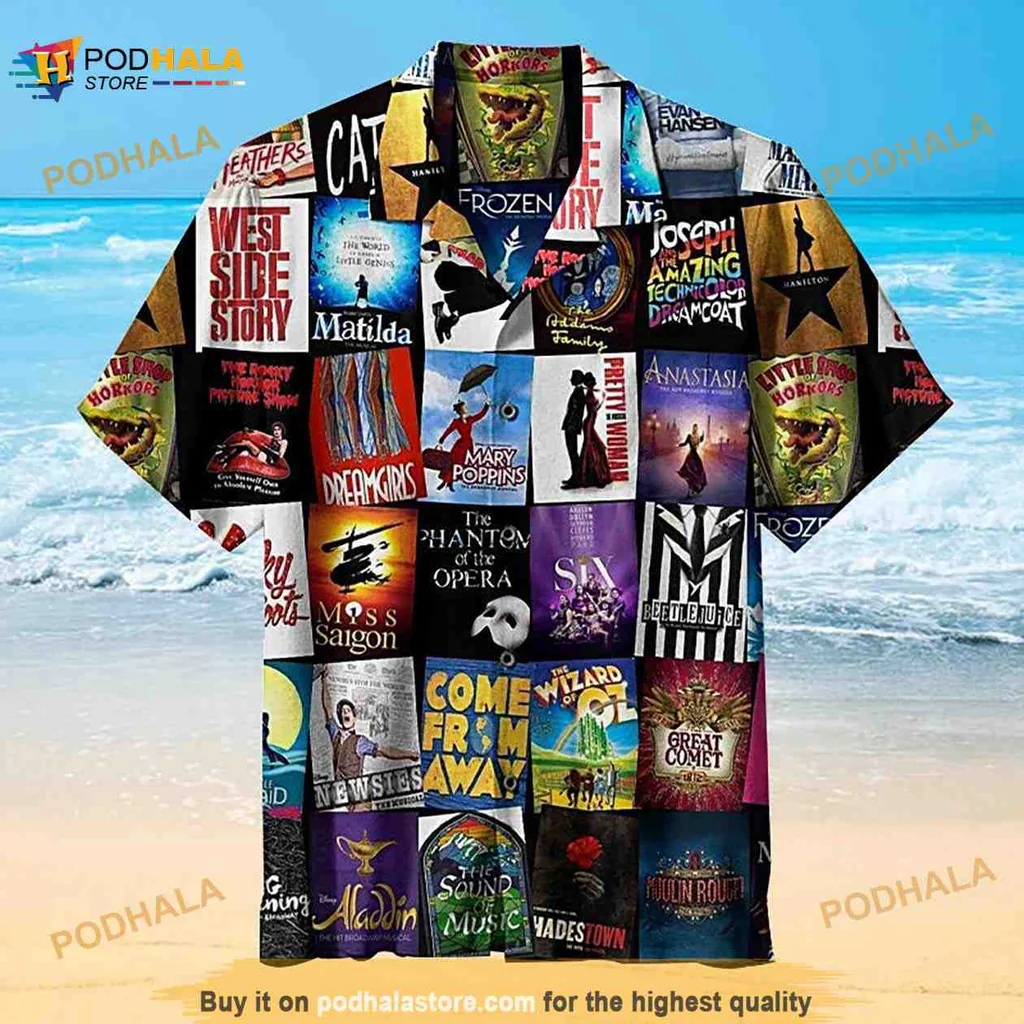 Broadway Musical Theater Hawaiian Shirt Featuring Iconic Show Posters Broadway Musical Theater Hawaiian Shirt Featuring Iconic Show Posters