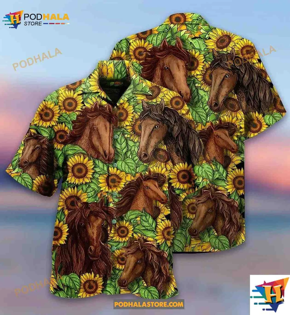 Brown Horses Sunflower Aloha Shirt For Men, Perfect For Horse Lovers