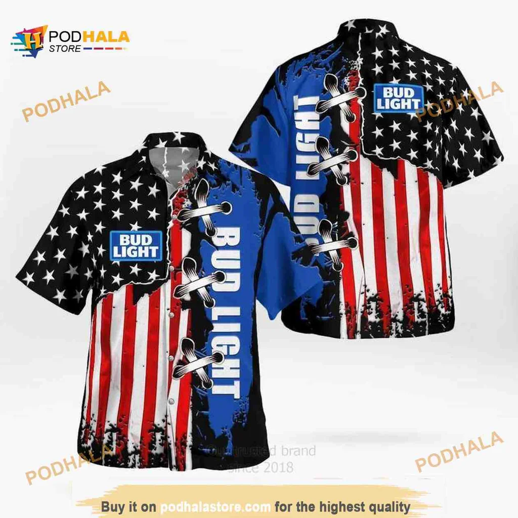 Bud Light American Flag Hawaiian Shirt With Bold Red And White Stripes