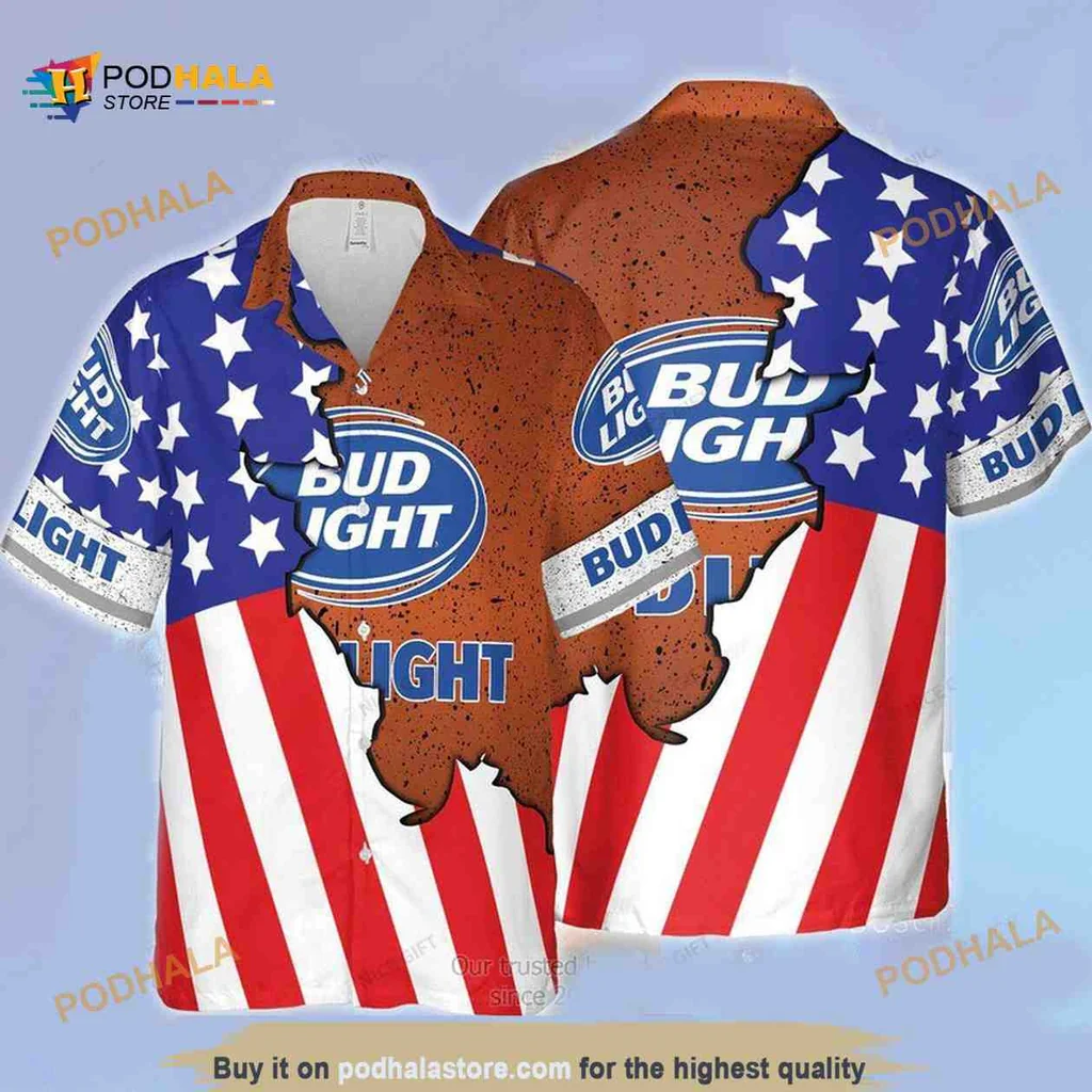 Bud Light American Flag Hawaiian Shirt With Tropical Design