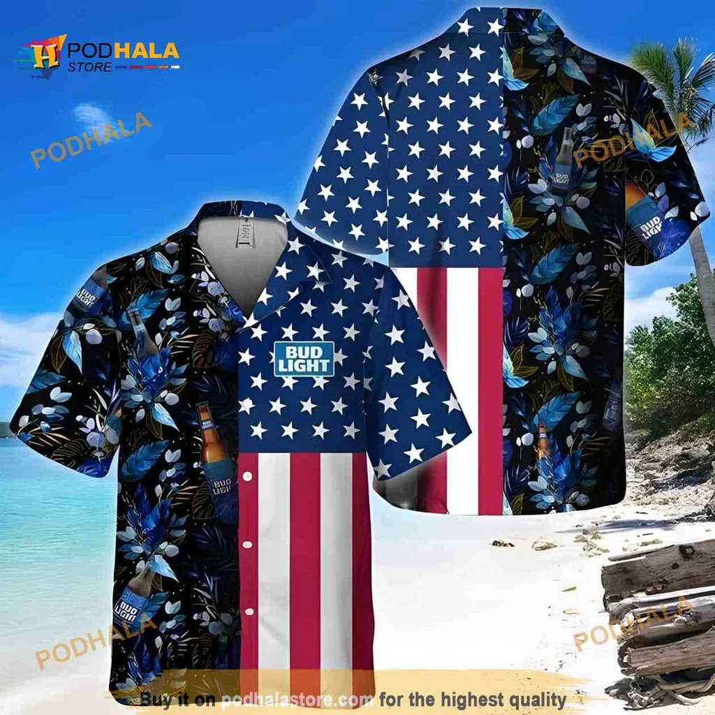 Bud Light American Flag Hawaiian Shirt With Tropical Flowers