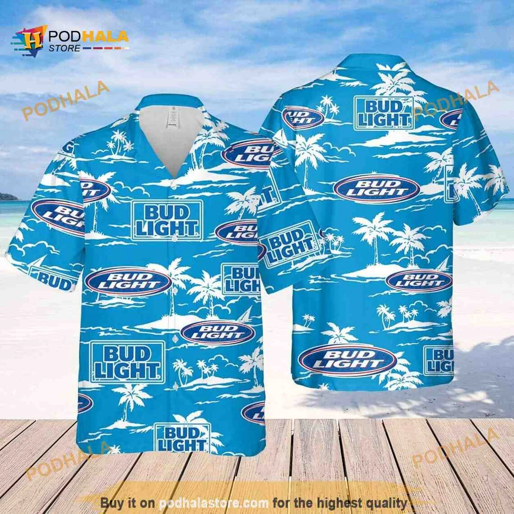 Bud Light Beach Pattern Hawaiian Shirt With Palm Trees