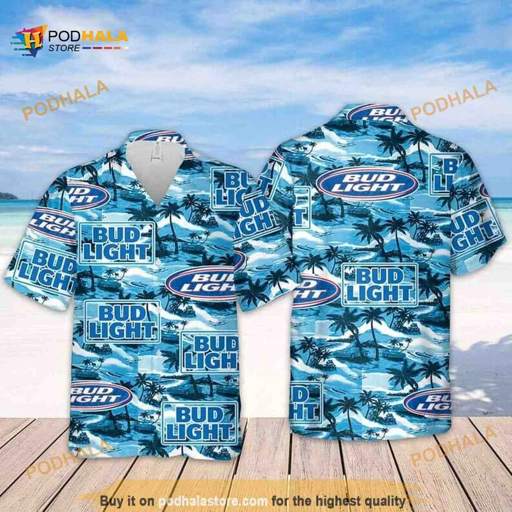 Bud Light Beach Pattern Hawaiian Shirt With Palm Trees And Waves