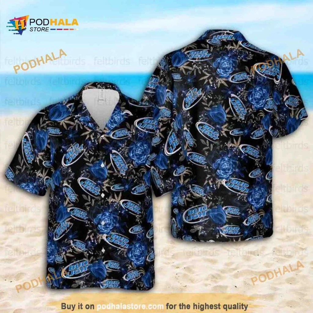 Bud Light Blue Floral Hawaiian Shirt With Mysterious Dark Background