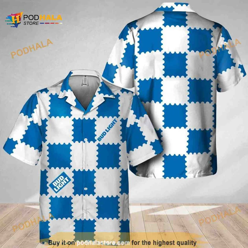 Bud Light Blue Gingham Hawaiian Shirt With Bold Logo