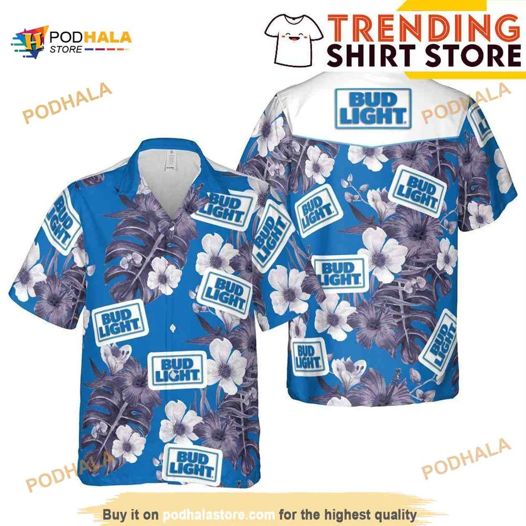 Bud Light Floral Hawaiian Shirt With Hibiscus On Blue Background