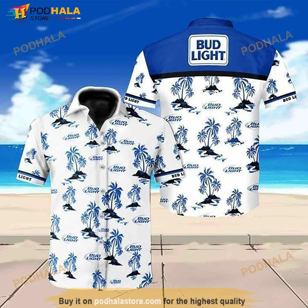 Bud Light Floral Hawaiian Shirt With Tropical Palm Trees And Waves