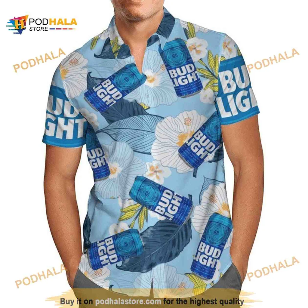Bud Light Hibiscus Hawaiian Shirt With Tropical Blue Design