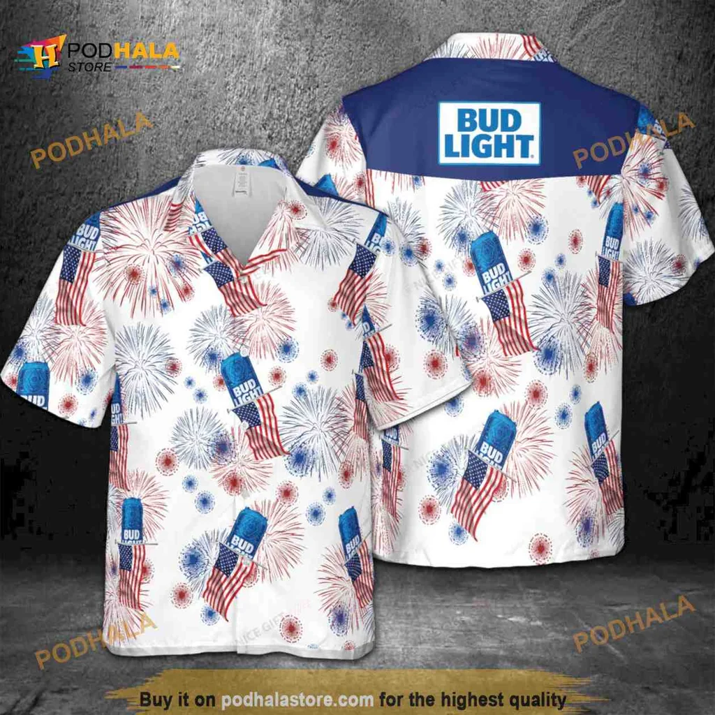Bud Light Independence Day Hawaiian Shirt With American Flag And Fireworks