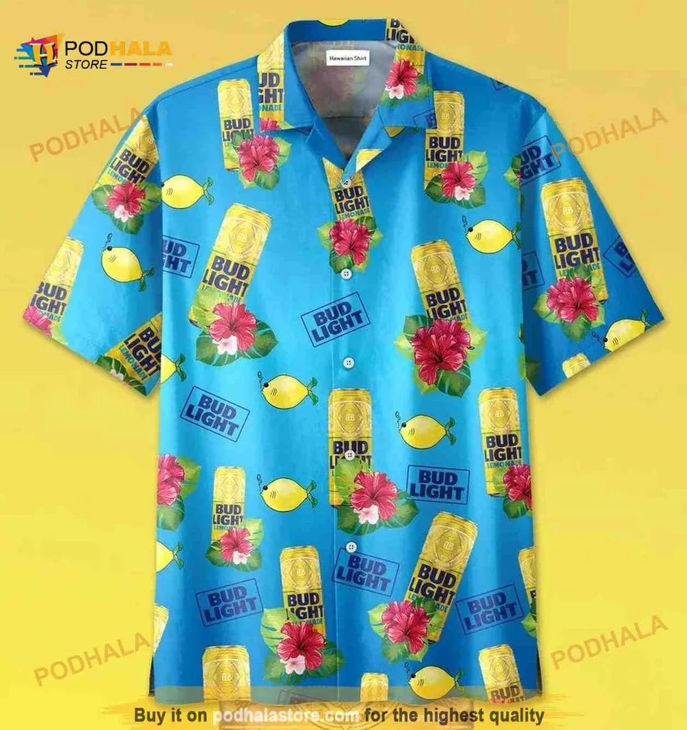 Bud Light Lemonade Hawaiian Shirt With Hibiscus And Lemon Pattern
