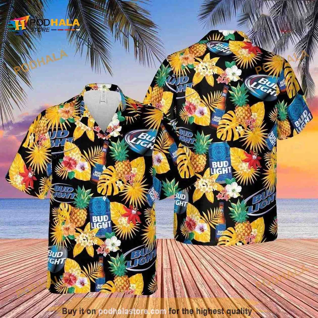 Bud Light Pineapple Hawaiian Shirt With Tropical Hibiscus Design
