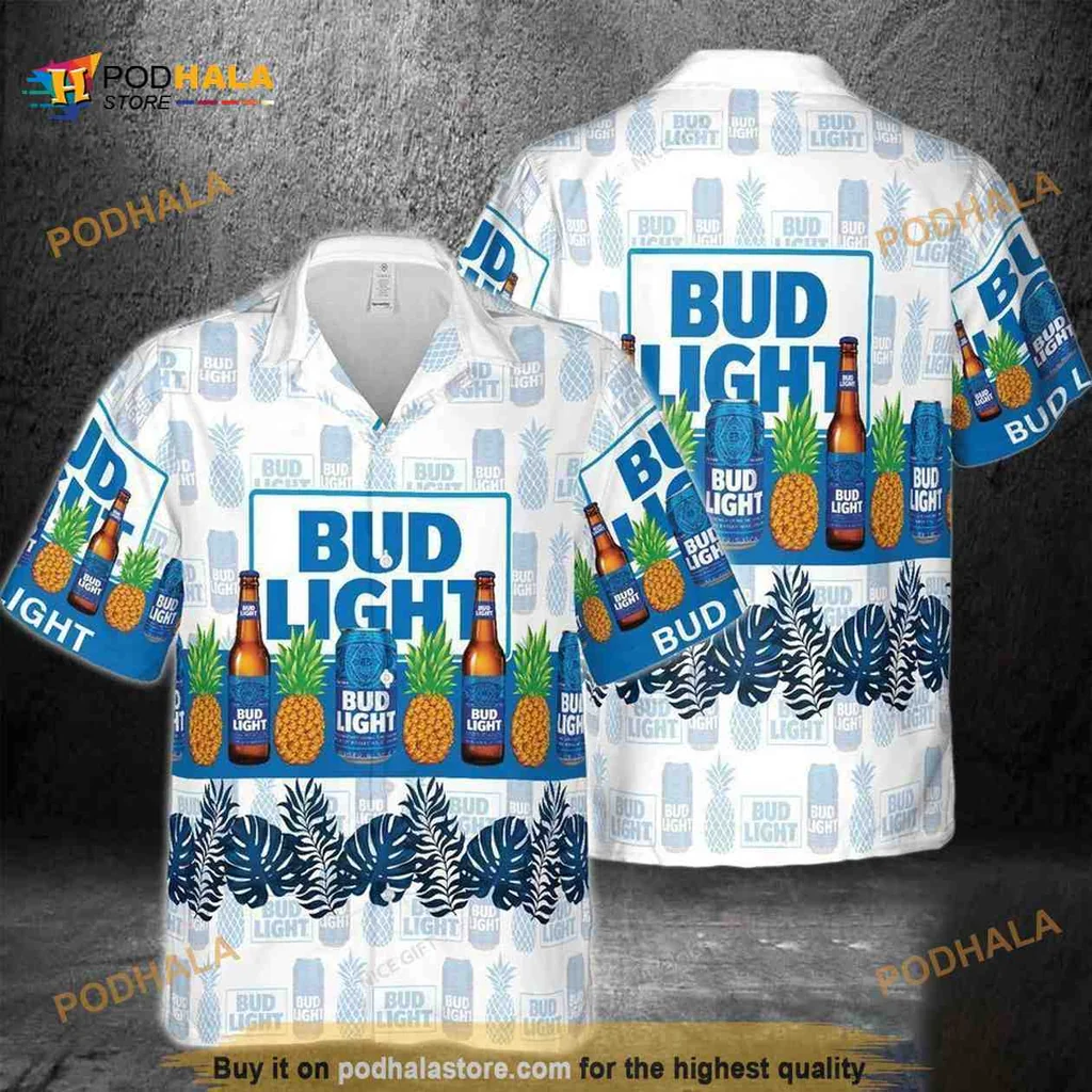 Bud Light Pineapple Hawaiian Shirt With Tropical Leaves For Beer Lovers