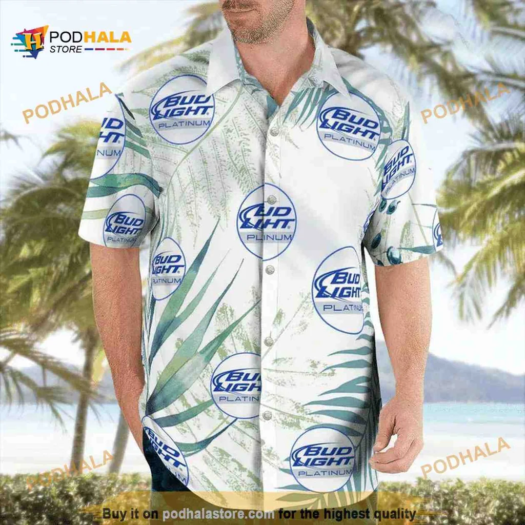 Bud Light Platinum Hawaiian Shirt Featuring Tropical Palm Leaves