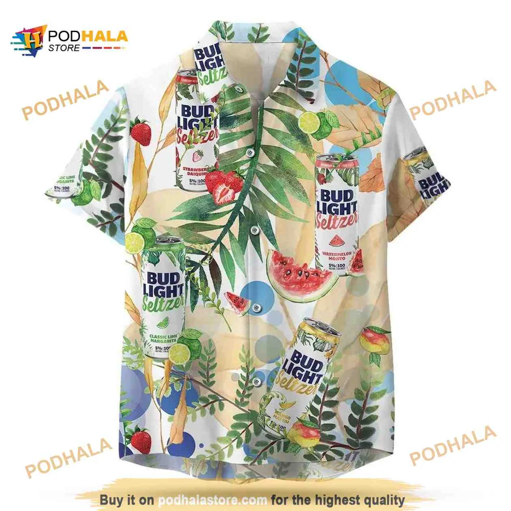 Bud Light Seltzer Tropical Hawaiian Shirt With Mango Strawberry Watermelon Design