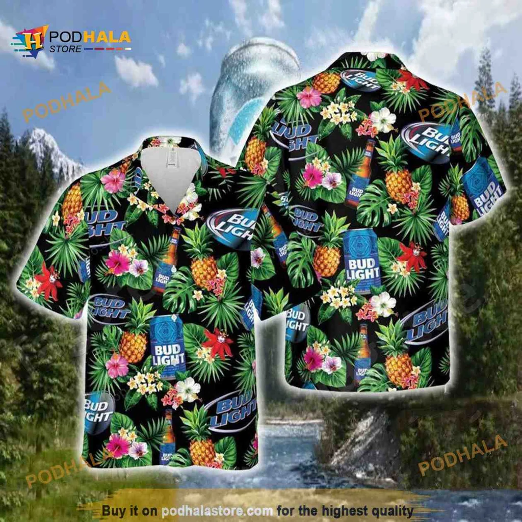 Bud Light Tropical Aloha Shirt With Pineapples And Hibiscus Flowers