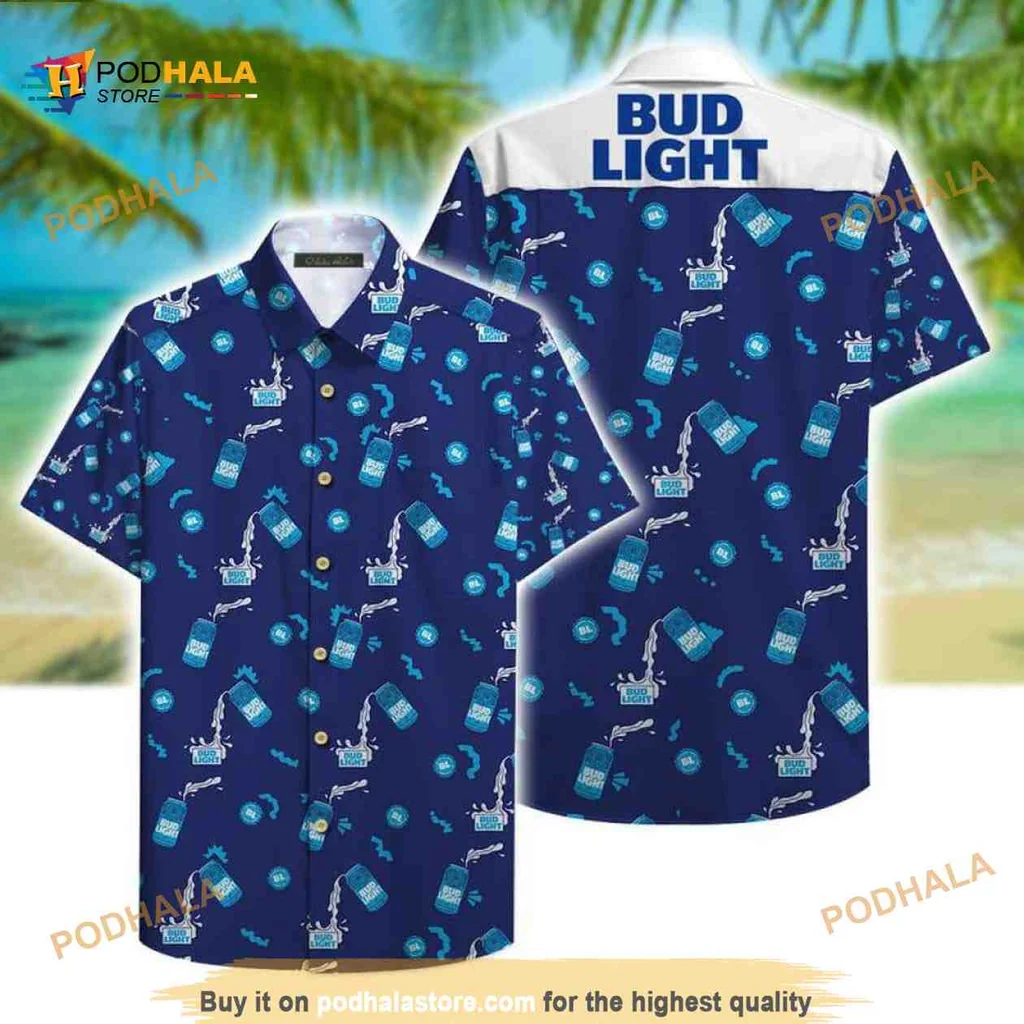 Bud Light Tropical Beach Hawaiian Shirt With Fun Blue Pattern