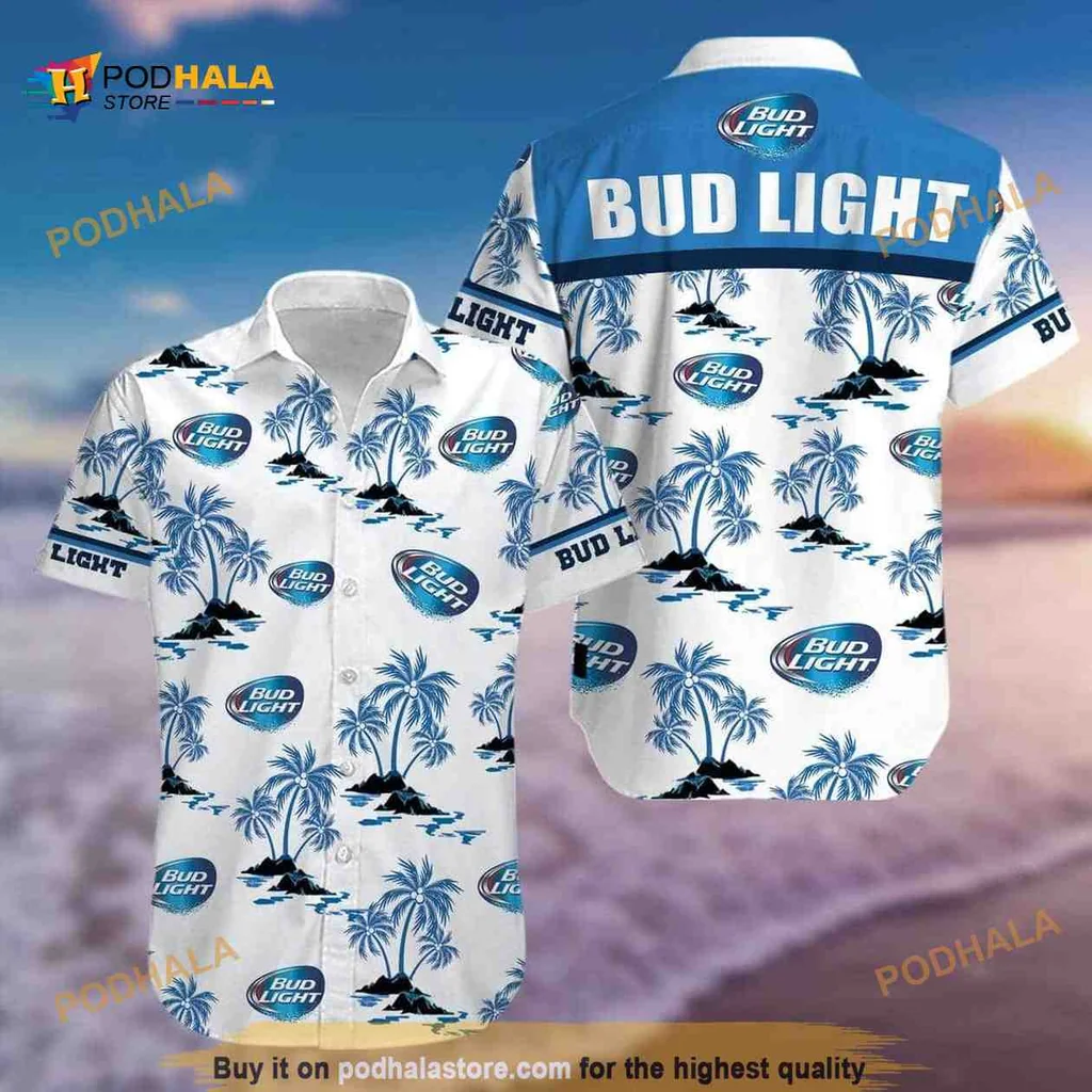 Bud Light Tropical Beach Hawaiian Shirt With Palm Tree Design