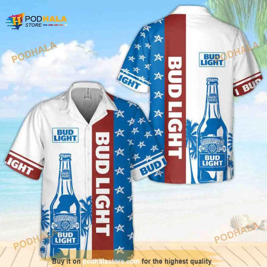 Bud Light Tropical Beer Hawaiian Shirt With Palm Trees And Stars
