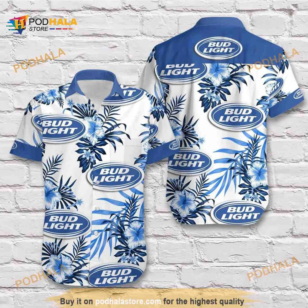 Bud Light Tropical Floral Hawaiian Shirt With Blue Tropical Flowers