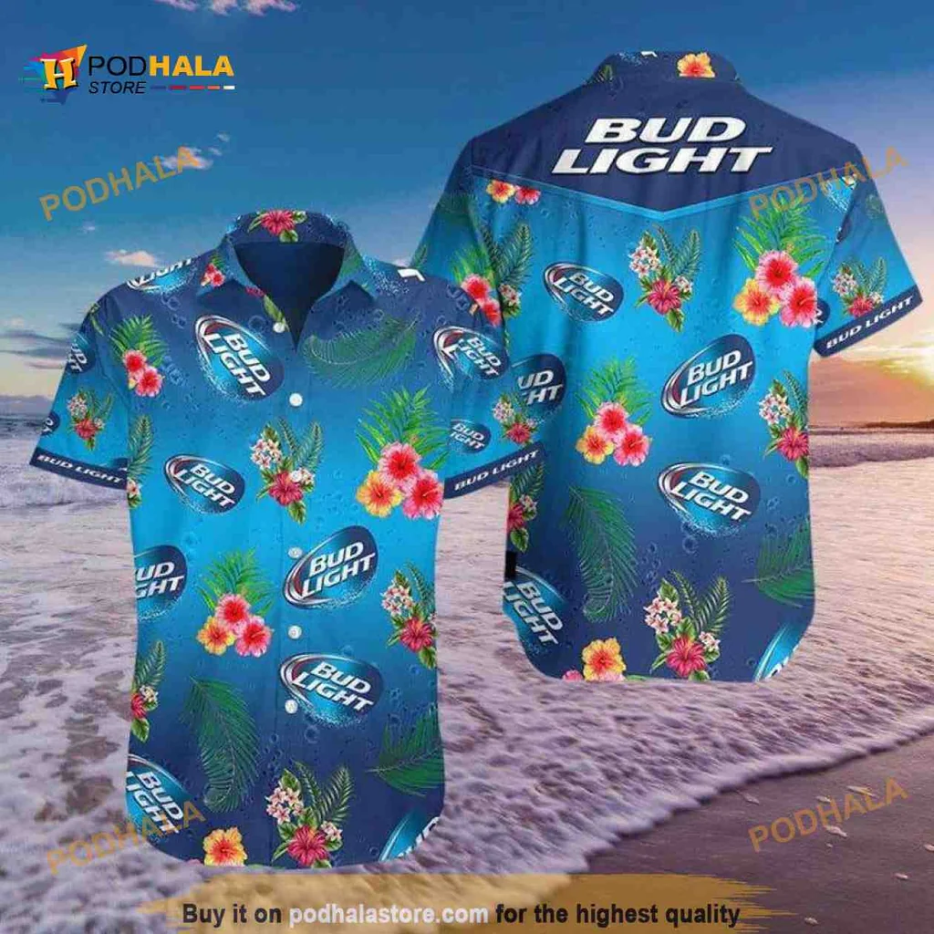 Bud Light Tropical Floral Hawaiian Shirt With Colorful Hibiscus Design