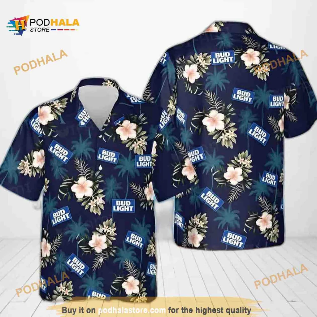 Bud Light Tropical Floral Hawaiian Shirt With Hibiscus And Palm Leaves
