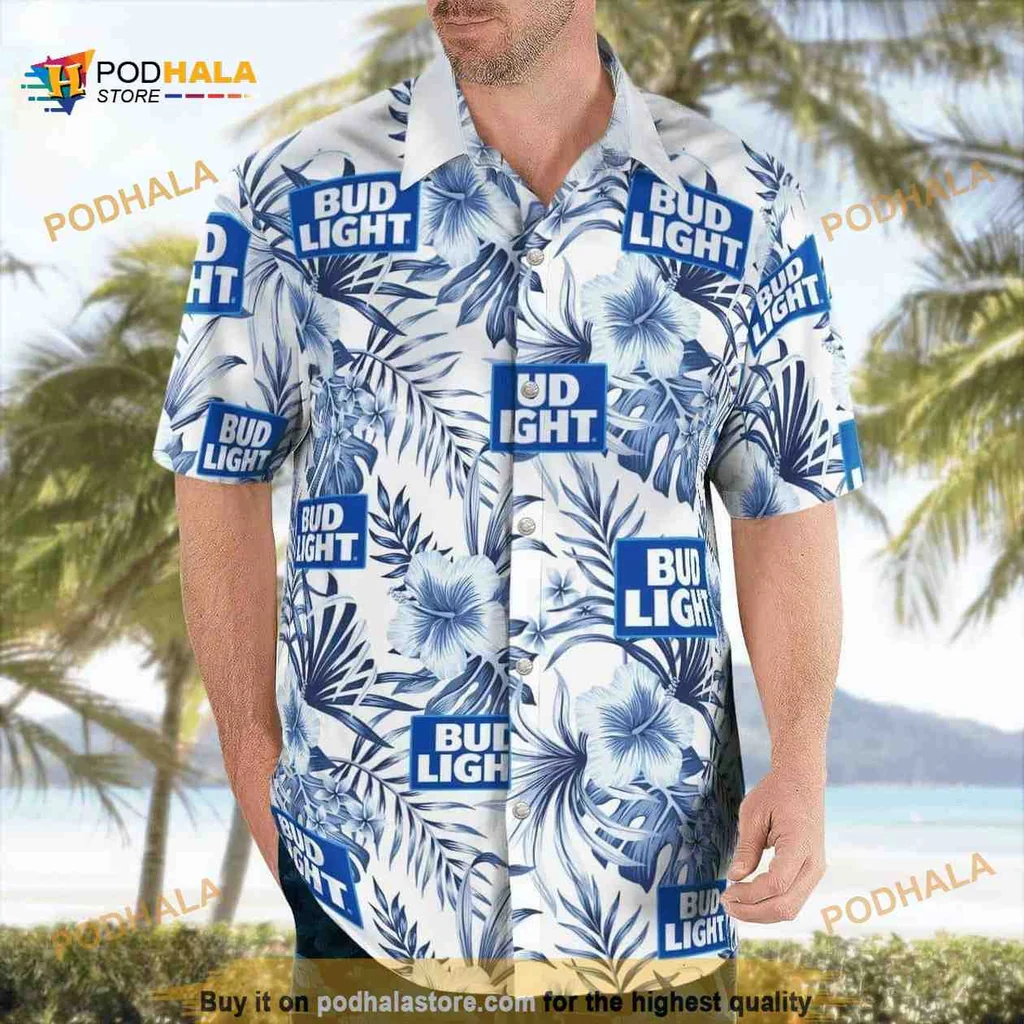 Bud Light Tropical Floral Hawaiian Shirt With Palm Leaves
