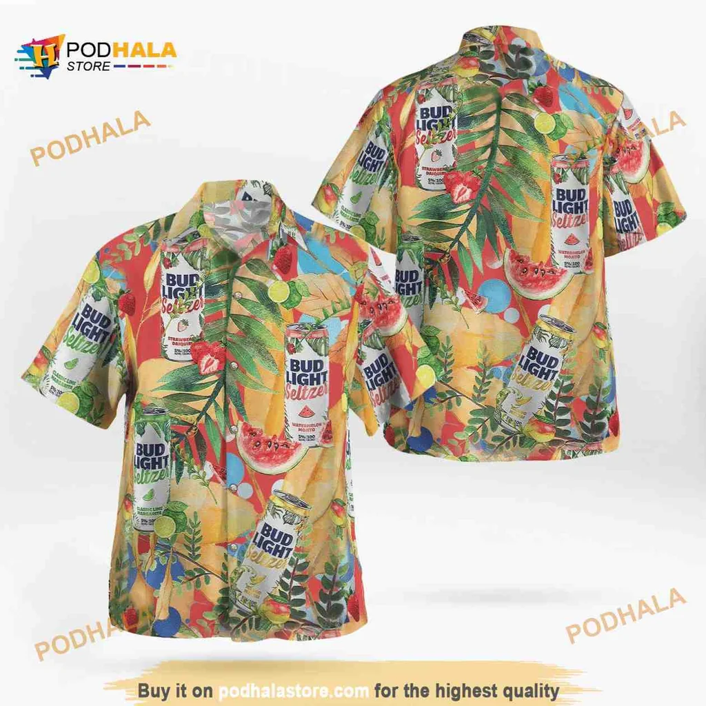 Bud Light Tropical Floral Hawaiian Shirt With Palm Leaves And Fruits