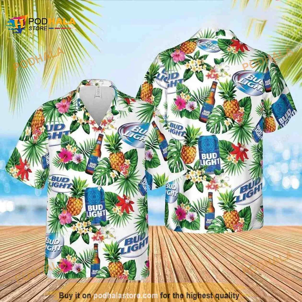 Bud Light Tropical Floral Hawaiian Shirt With Pineapples And Pink Flowers
