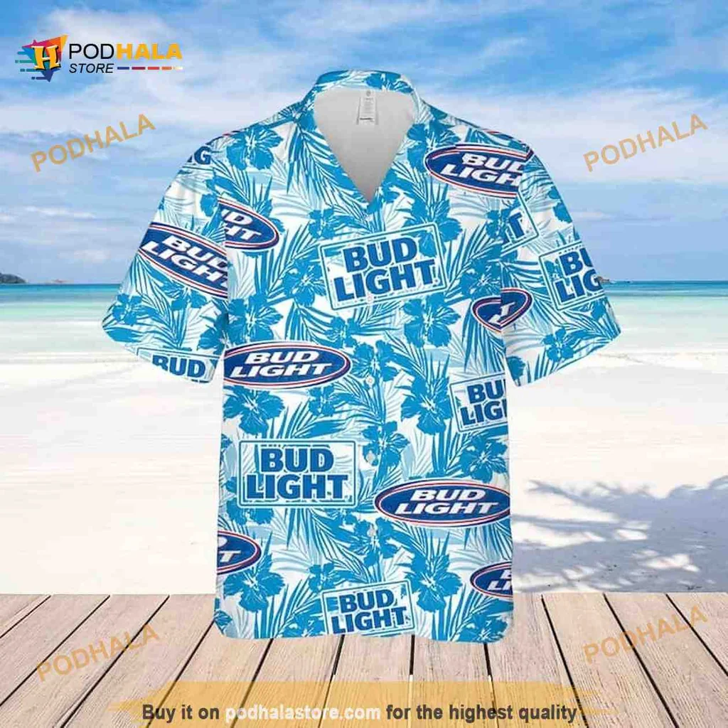 Bud Light Tropical Flower Hawaiian Shirt With Palm Leaves