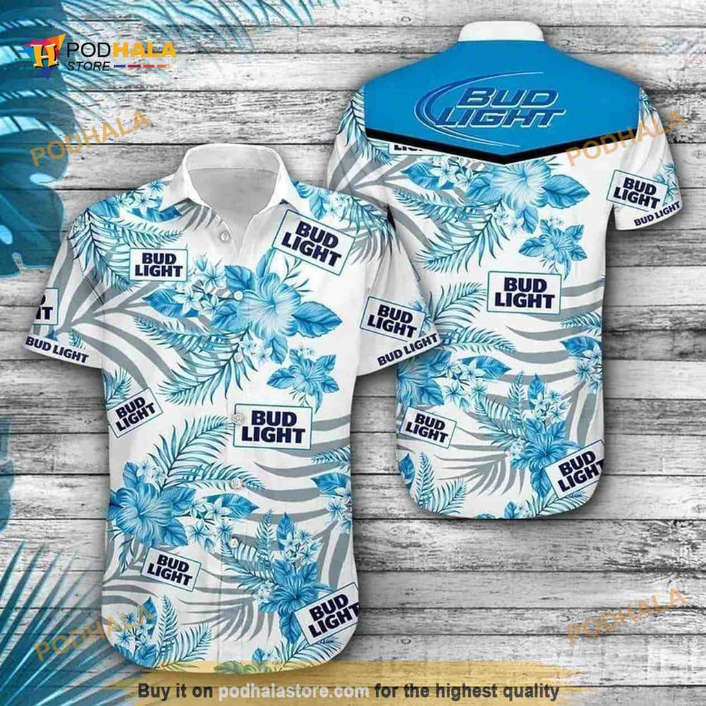 Bud Light Tropical Hawaiian Shirt With Blue Floral Design For Beer Lovers