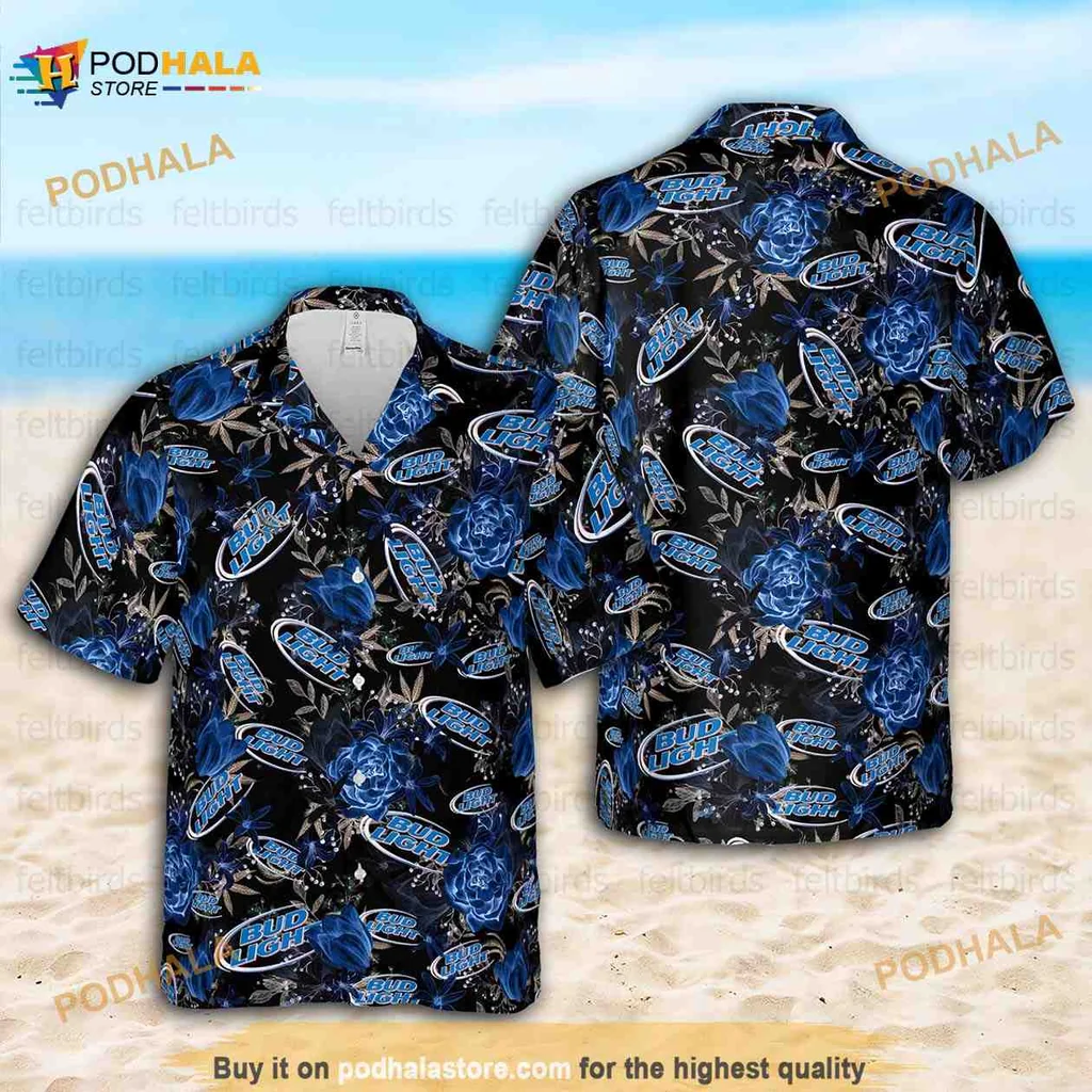 Bud Light Tropical Hawaiian Shirt With Blue Roses Design
