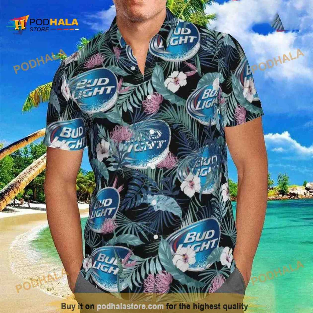 Bud Light Tropical Hawaiian Shirt With Hibiscus Flowers And Beer Logos