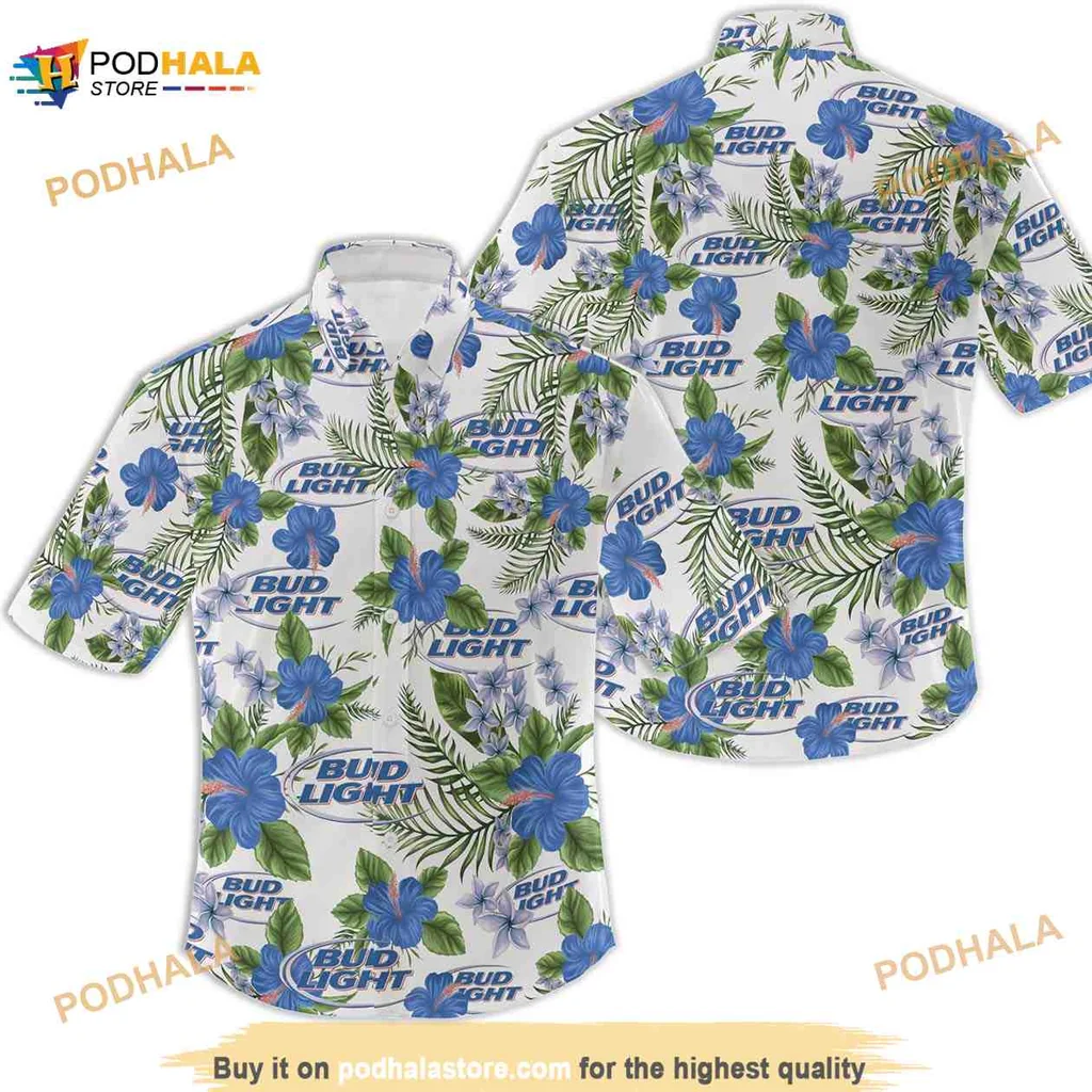 Bud Light Tropical Hawaiian Shirt With Hibiscus Flowers And Palm Leaves