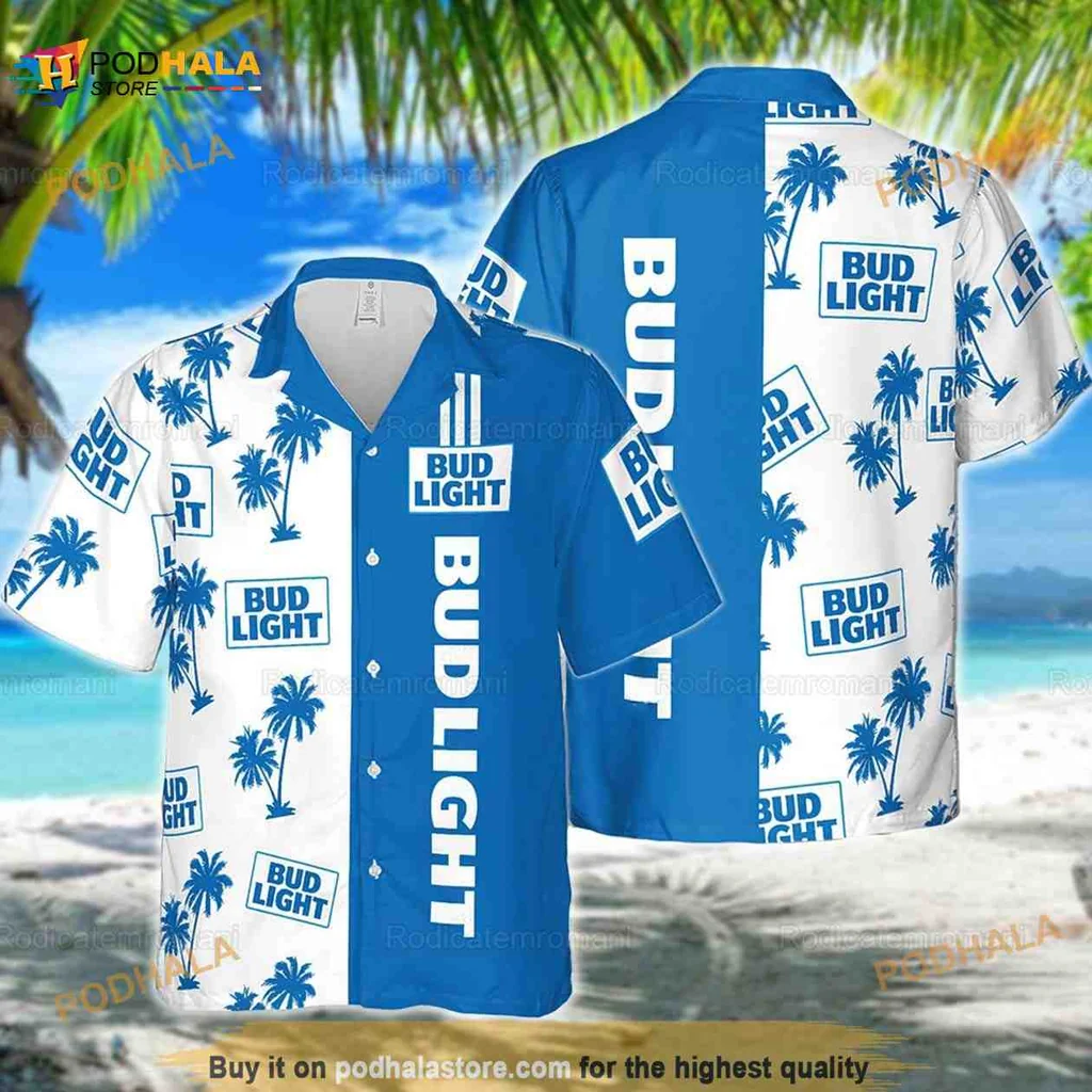 Bud Light Tropical Hawaiian Shirt With Palm Trees And Bold Text Bud Light Tropical Hawaiian Shirt With Palm Trees And Bold Text
