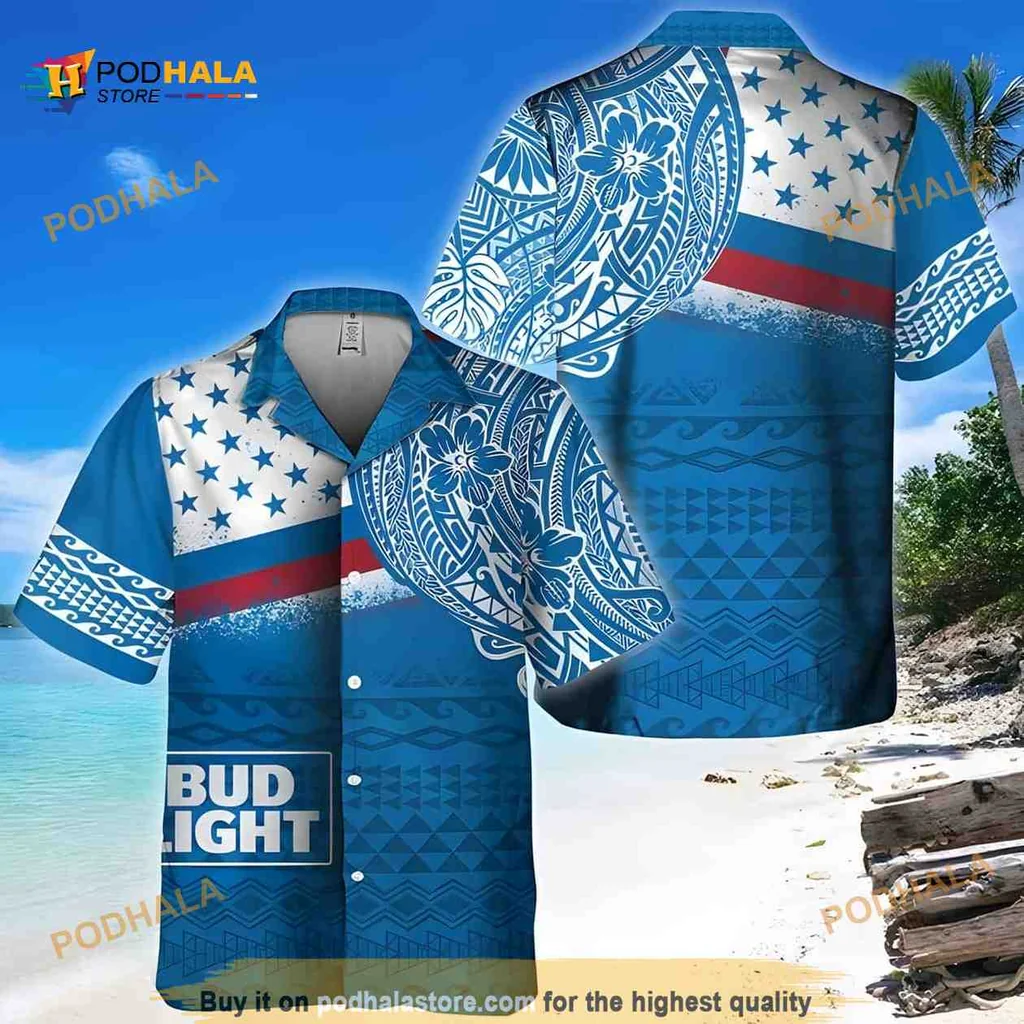 Bud Light Tropical Hawaiian Shirt With Polynesian Pattern For Beach Lovers