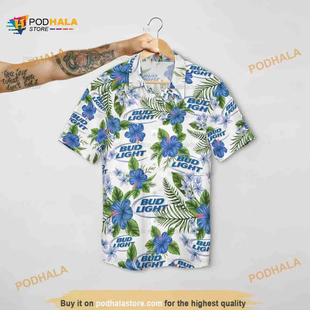 Bud Light Tropical Hibiscus Hawaiian Shirt With Blue Flowers