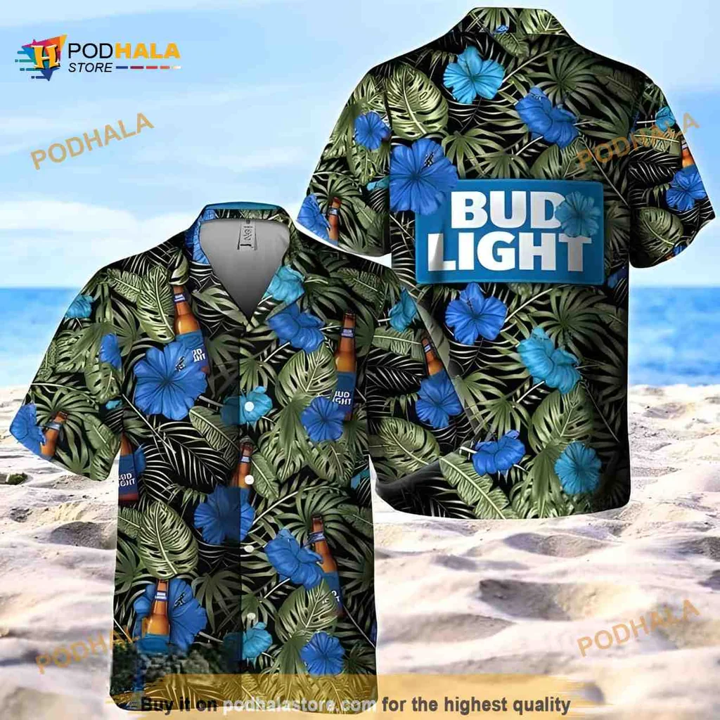 Bud Light Tropical Hibiscus Hawaiian Shirt With Palm Leaves