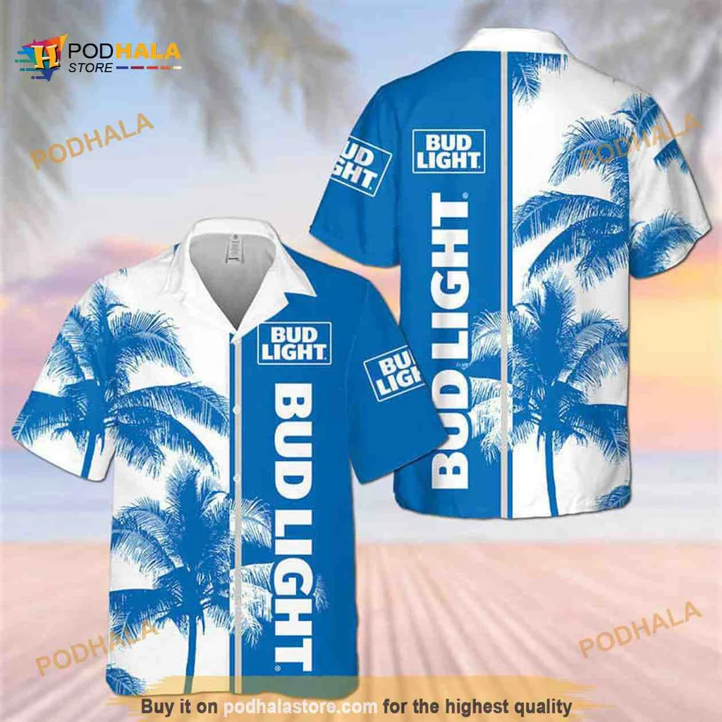 Bud Light Tropical Palm Trees Hawaiian Shirt With Blue Background