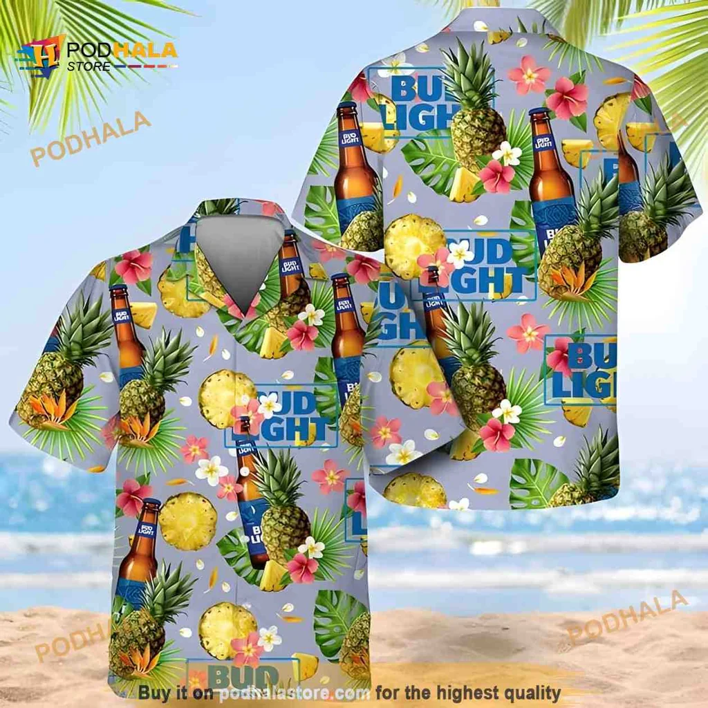 Bud Light Tropical Pineapple Hawaiian Shirt With Hibiscus And Palm Leaves