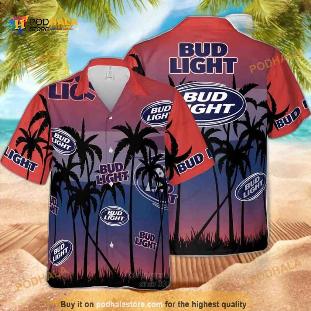 Bud Light Tropical Sunset Hawaiian Shirt With Palm Trees
