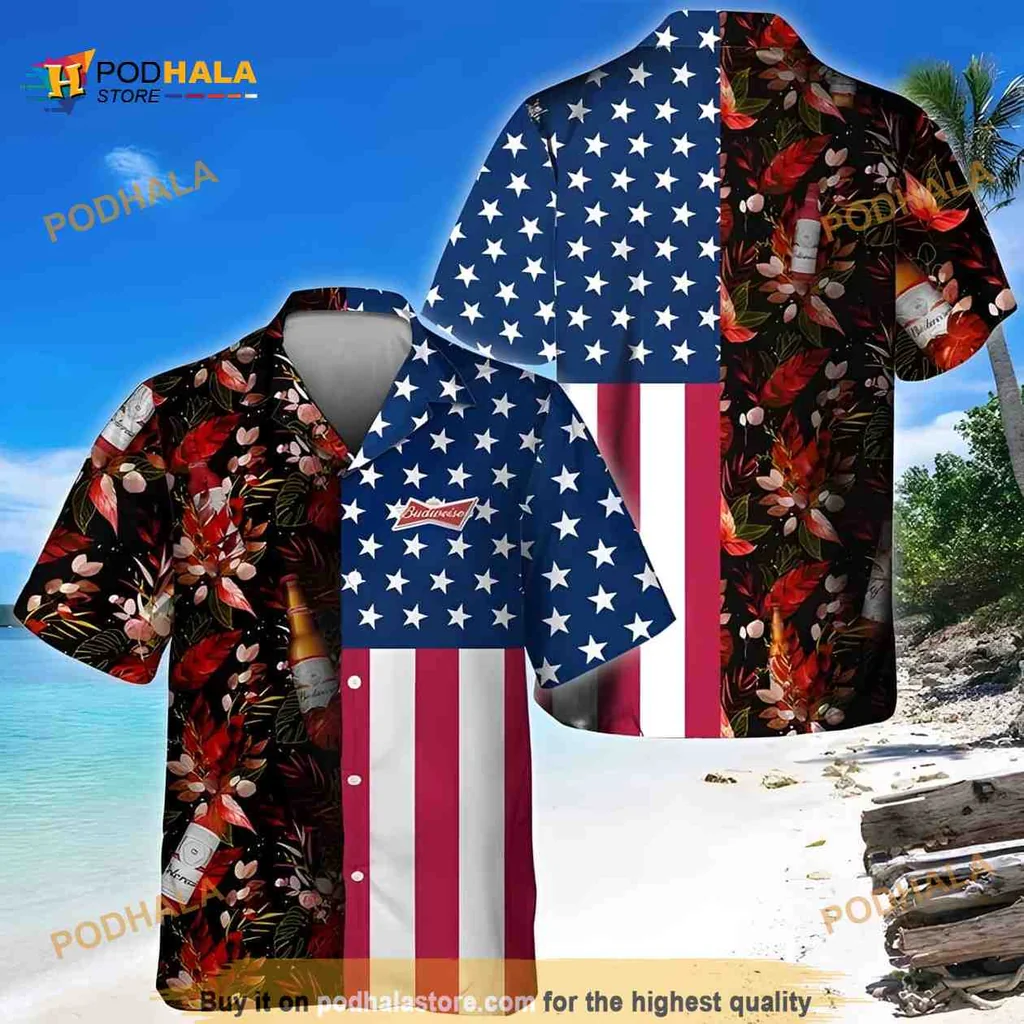 Budweiser American Flag Hawaiian Shirt, Tropical Flower Design For Beach Parties