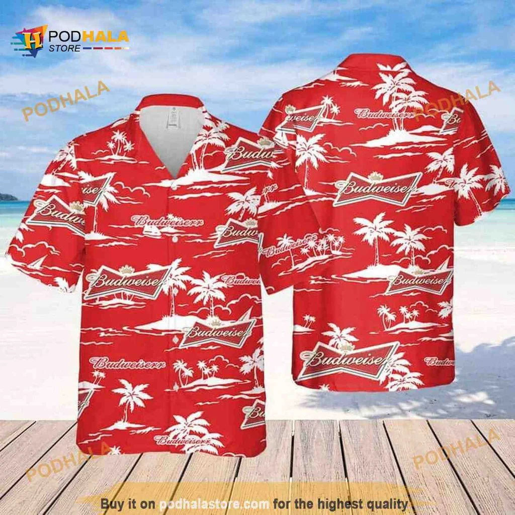 Budweiser Beer Aloha Hawaiian Shirt With Tropical Palm Trees And Waves