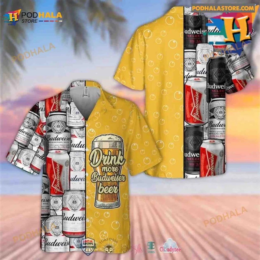 Budweiser Beer Aloha Shirt With Vibrant Design And Playful Beer Theme