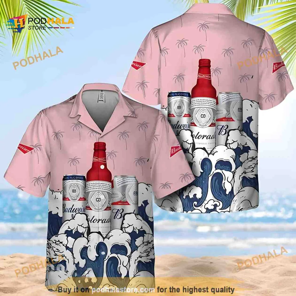 Budweiser Beer Aloha Shirt With Vibrant Waves And Cans