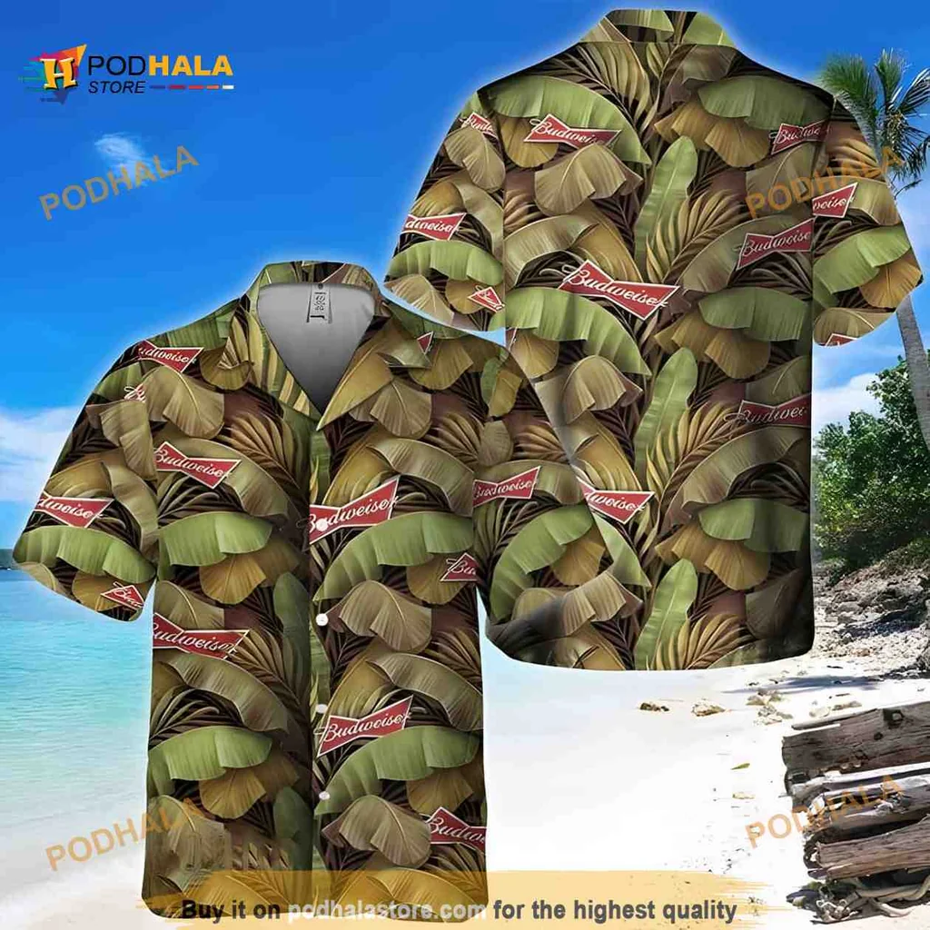 Budweiser Beer Hawaiian Shirt With Tropical Banana Leaves Design